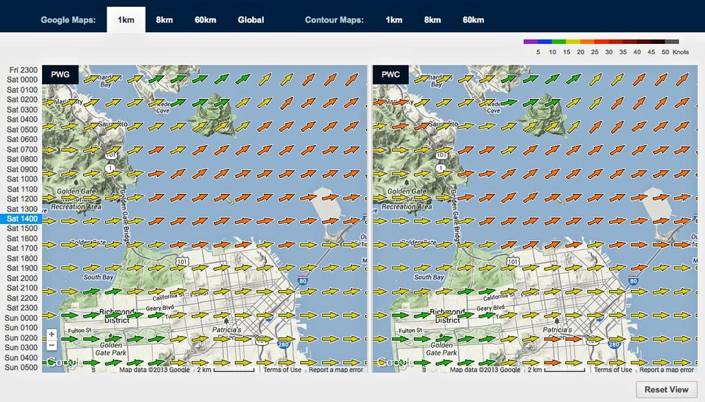 Wind map for September 14, 2013 San Francisco at 1415hrs - Start of Race 9 - wind strengths are indicated in the colour bar in the top right hand corner of the image © PredictWind.com www.predictwind.com